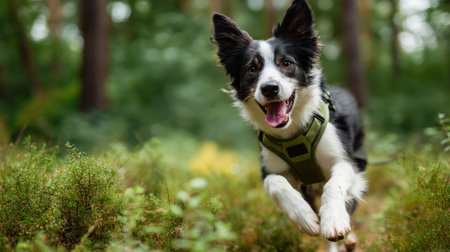 Happy border collie running through the green forest during a sunny dayの素材