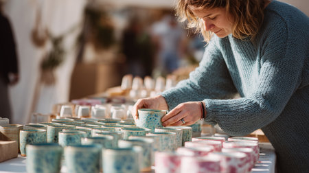 Woman selecting colorful ceramic cups at a market on a sunny dayの素材