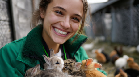 Smiling woman holds baby rabbits on a farm during a sunny day in springの素材