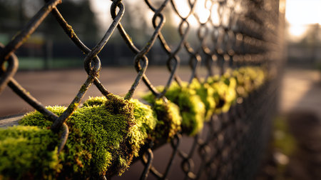 Moss-covered chain link fence at a quiet time in the afternoon sunlightの素材