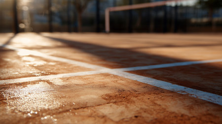 Wet soccer field with marked lines at sunset in a local parkの素材