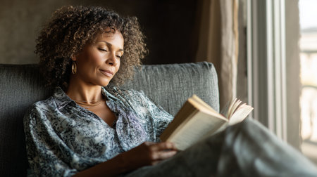 Woman reading a book on a cozy couch by the window in a serene settingの素材