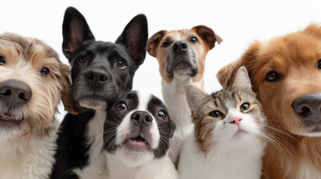 Pets gather together for a fun and friendly photo session in a bright spaceの素材