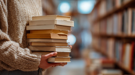 Person carrying a stack of books in a library during the afternoon hoursの素材