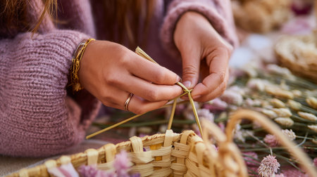 Skillful hands weaving natural materials into a beautiful basket during a crafting sessionの素材