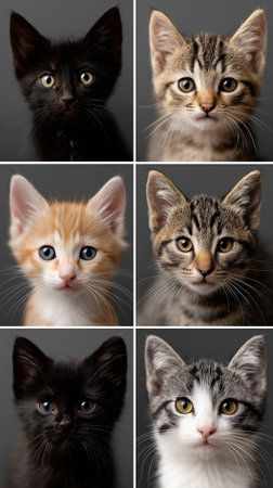 Several adorable kittens with different fur patterns posed against a dark backgroundの素材