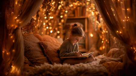 Cozy reading nook with a child immersed in a book during a warm eveningの素材