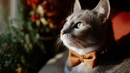 Grey cat wearing a bow tie gazes outside in warm afternoon lightの素材