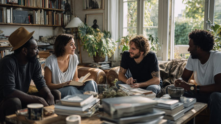 Friends enjoying a cozy gathering in a bright living room on a sunny afternoonの素材