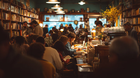 Busy bookstore cafe filled with people enjoying reading and socializing in the eveningの素材