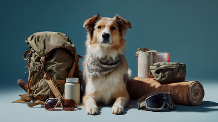 Adventure-ready dog with camping gear in a studio settingの素材