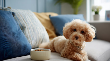 Dog rests on couch near bowl of food in cozy living room settingの素材