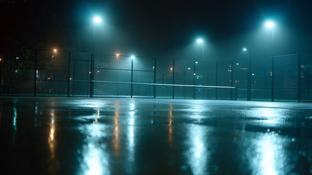 Basketball court illuminated by floodlights on a rainy night in the cityの素材