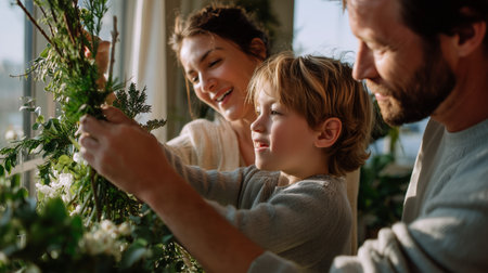 Family enjoys creative time together while making a floral arrangement at homeの素材