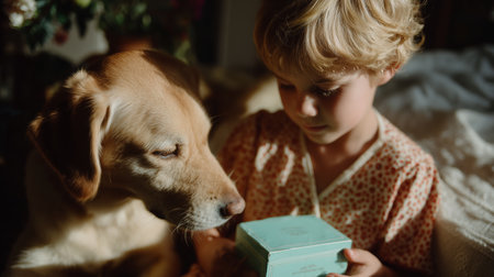 Child and dog sharing a quiet moment while looking at a small box indoorsの素材