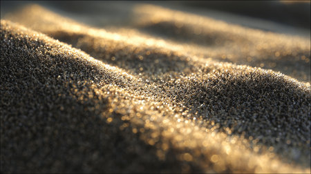 Warm sunlight reflects off the textured surface of fine sand at dusk by the beachの素材