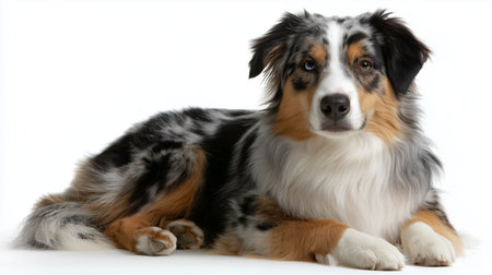 Beautiful australian shepherd dog resting calmly on a white background in a studio settingの素材
