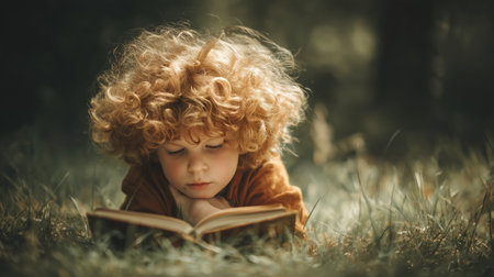 Child with curly red hair reading a book in a sunny outdoor setting surrounded by natureの素材
