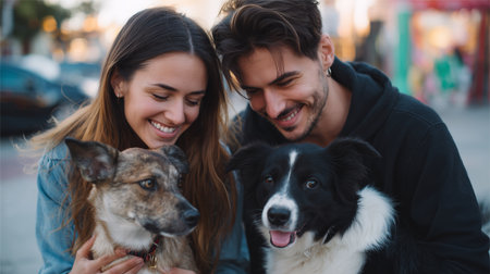 Couple enjoys quality time with their dogs in a lively urban setting during golden hourの素材