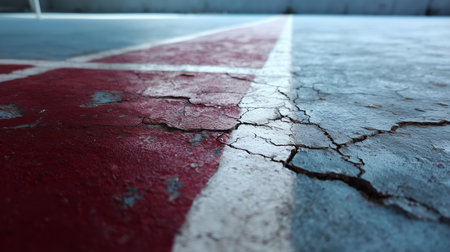 Cracked surface of an unused sports court in a quiet urban areaの素材