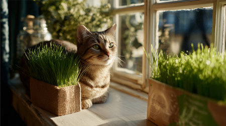 Cat resting by the window with grass in warm sunlight in a cozy roomの素材