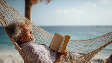 Enjoying a peaceful afternoon reading on a beach hammock by the oceanの素材