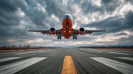 Airplane takes off from runway under dramatic sky during late afternoonの素材