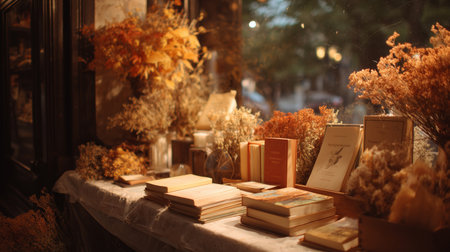 Warm autumn display of books and dried flowers in a cozy shop window at duskの素材