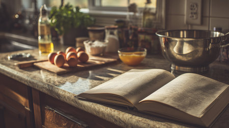 Cooking in a cozy kitchen with a recipe book open and ingredients on the counterの素材