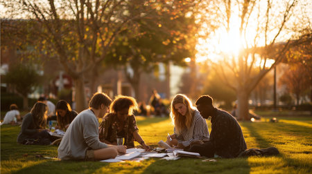 Group of friends enjoying art and discussion on a sunny evening in the parkの素材