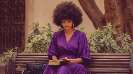 Young woman in a purple dress reading a book while sitting on a park benchの素材