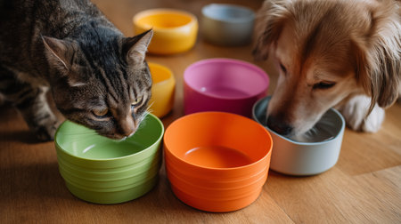 Cat and dog drinking from colorful bowls together in a cozy home settingの素材