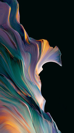 Colorful abstract wave pattern resembling flowing paint on a dark backgroundの素材