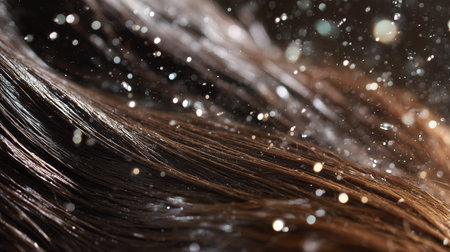 Sparkling droplets capture hair movement in soft light during hair care routineの素材