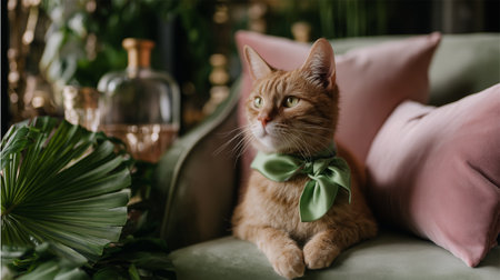 Stylish cat relaxing on a sofa with decorative pillows in a lush indoor settingの素材