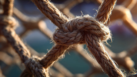 Detailed view of a tightly tied knot in natural rope during late afternoonの素材