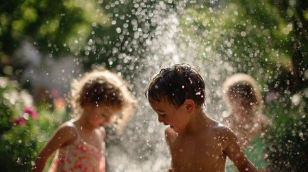 Children enjoying a sunny summer day playing in a garden fountainの素材