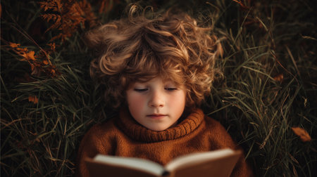Child enjoys reading a book in a field surrounded by autumn leaves during golden hourの素材