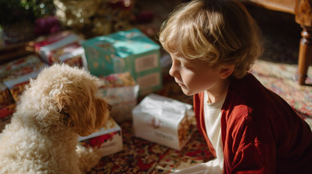 Boy and dog share a moment during a festive morning with wrapped gifts nearbyの素材