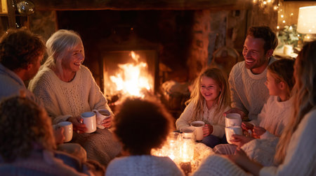 Cozy gathering of friends and family by the fireplace during a winter eveningの素材