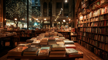 Cozy bookstore filled with books and twinkling lights during evening hoursの素材