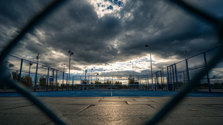 Cloudy evening view of an empty tennis court under stormy skiesの素材