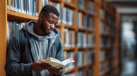 Young man reading a book in a quiet library during the afternoonの素材