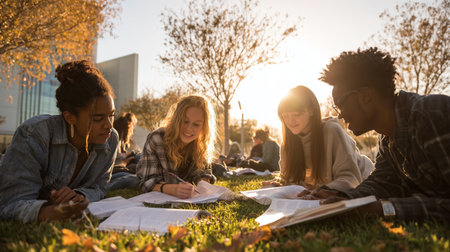 Friends study together outdoors under a warm sunset in a vibrant park settingの素材