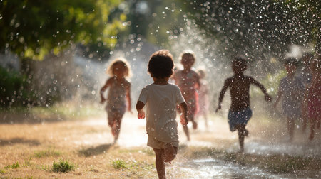 Children joyfully play in sprinklers during a sunny afternoon in a lush parkの素材