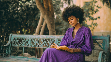 Woman reading a book while seated on a park bench during a sunny afternoonの素材