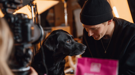 Man interacts with a black dog in a studio setting with bright lights and equipmentの素材