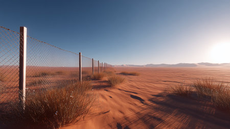 Fence line stretches across vast desert landscape under clear blue skyの素材