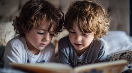 Two children reading together on a cozy bed in a warm room during the afternoonの素材
