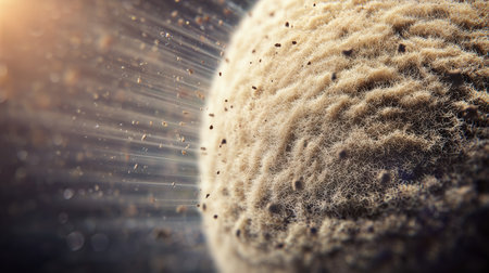 Detailed view of a cellular structure with particles and light effect in a dark backgroundの素材